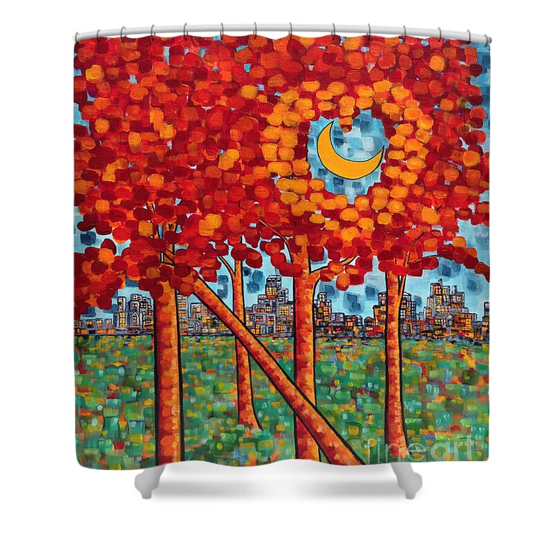Park Scene Shower Curtain featuring the painting City Moonshine by Holly Carmichael