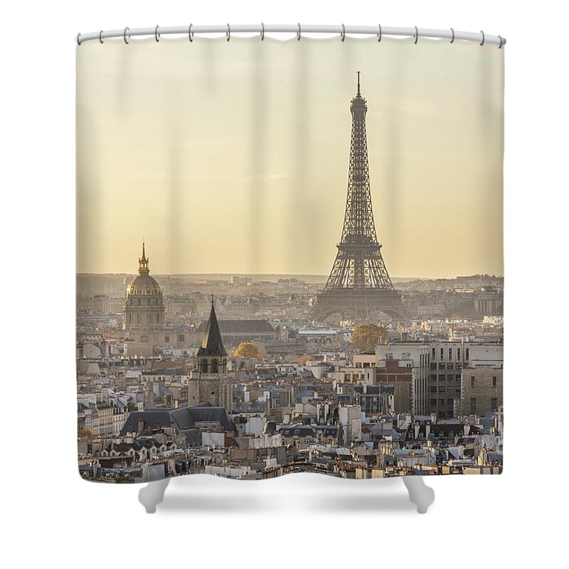 Paris Shower Curtain featuring the photograph City of Paris and tour Eiffel at sunset, Ile de France, France by Matteo Colombo