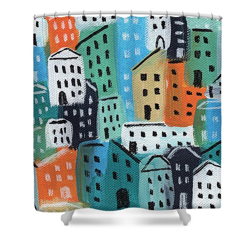 City Shower Curtain featuring the painting City Stories- Blue and Orange by Linda Woods
