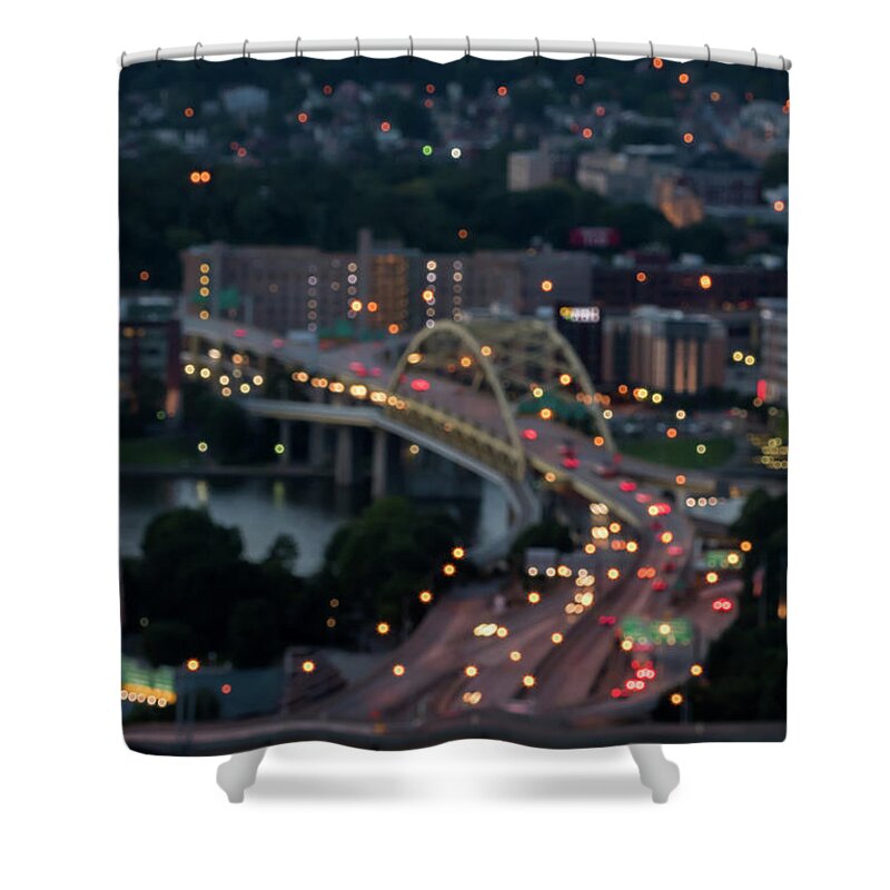 Terry D Photography Shower Curtain featuring the photograph City Street Lights Abstract Pittsburgh PA by Terry DeLuco