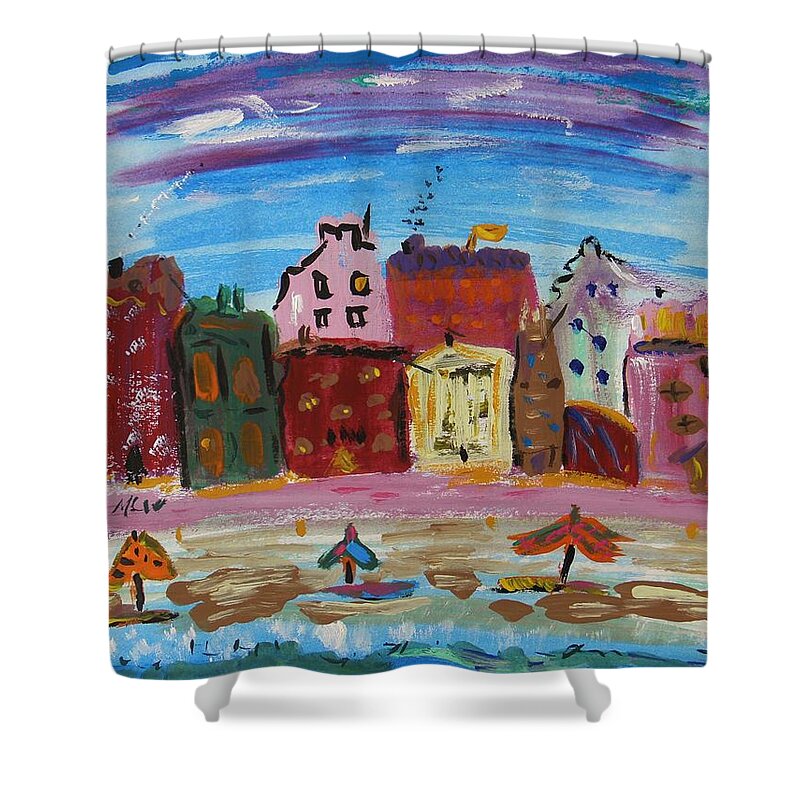City Shower Curtain featuring the painting City with a Pink Boardwalk by Mary Carol Williams