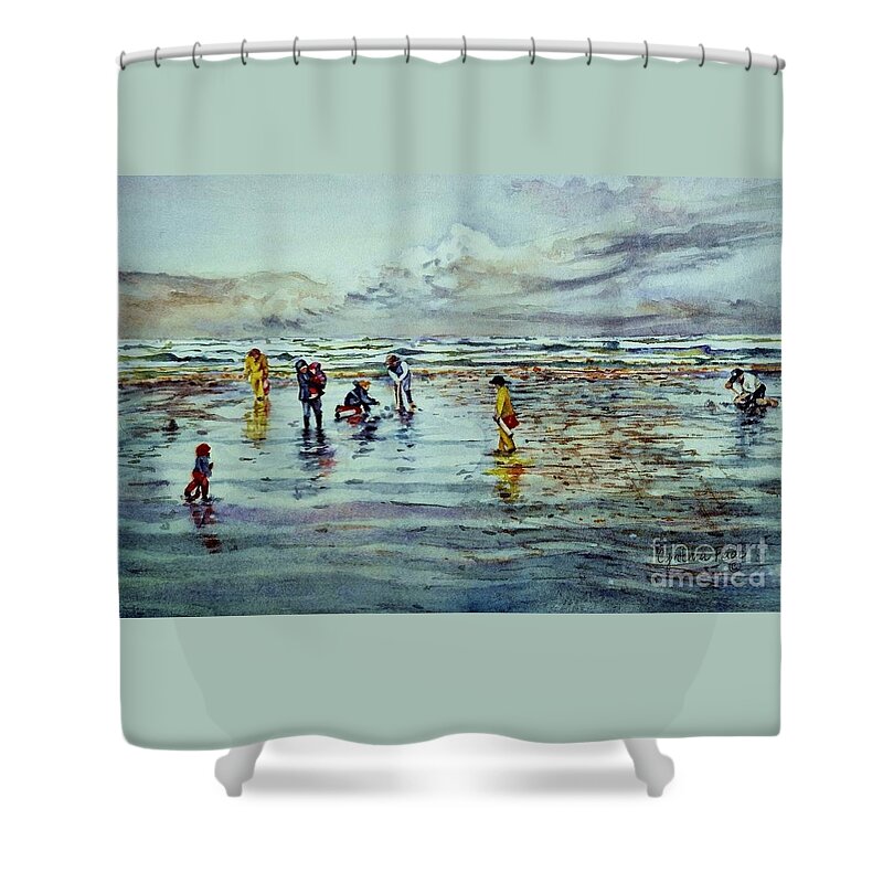 Cynthia Pride Watercolor Painting Shower Curtain featuring the painting Clamdigging Family by Cynthia Pride