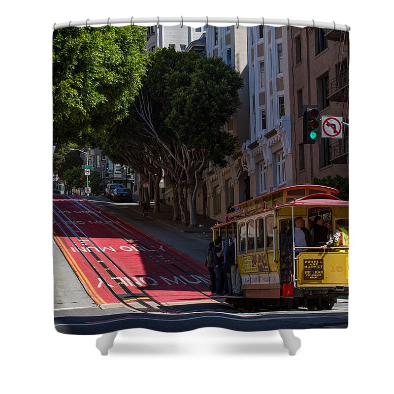 Bonnie Follett Shower Curtain featuring the photograph Clang Clang Goes The Cable Car by Bonnie Follett