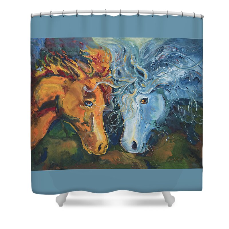 Clash Shower Curtain featuring the painting Clash by Sheri Jo Posselt