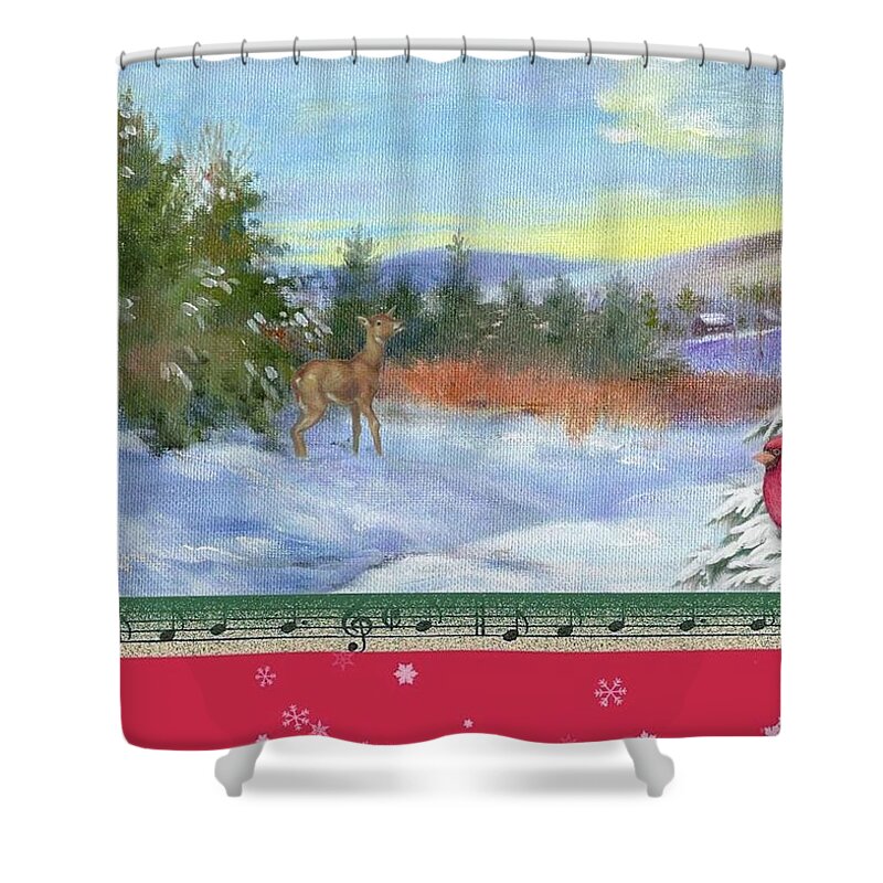 Snowscape Shower Curtain featuring the painting Classic Winterscape with cardinal and reindeer by Judith Cheng