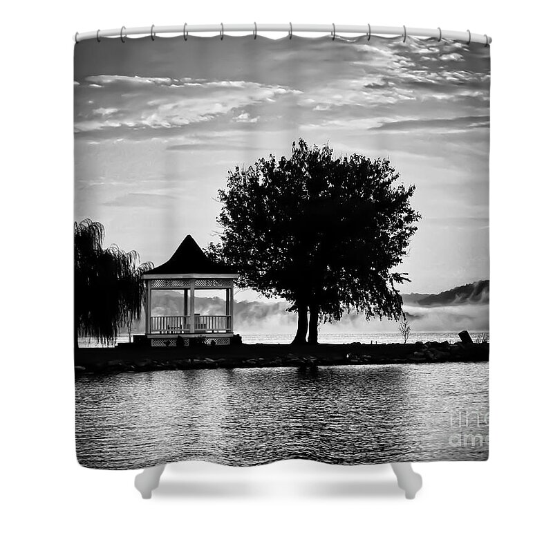Claytor Lake Gazebo Shower Curtain featuring the photograph Claytor Lake Gazebo - Black and White by Kerri Farley
