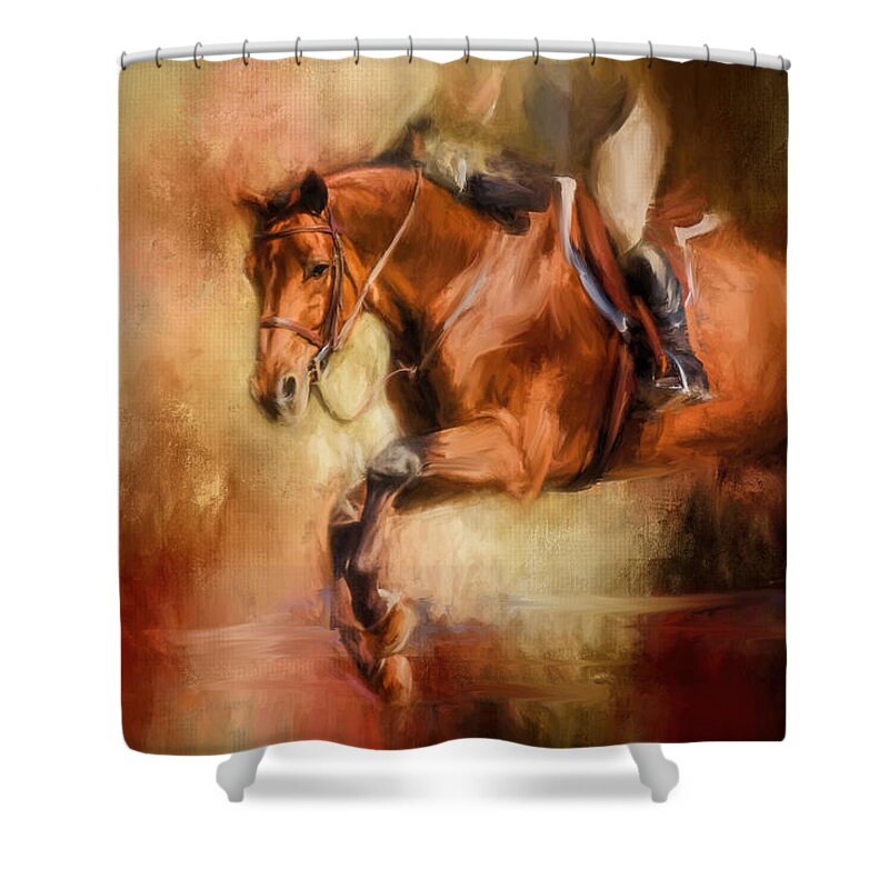 Jai Johnson Shower Curtain featuring the painting Clearing The Jump Equestrian Art by Jai Johnson