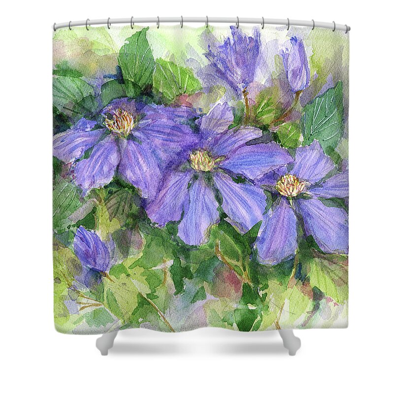 Clematis Shower Curtain featuring the painting Clematis by Garden Gate