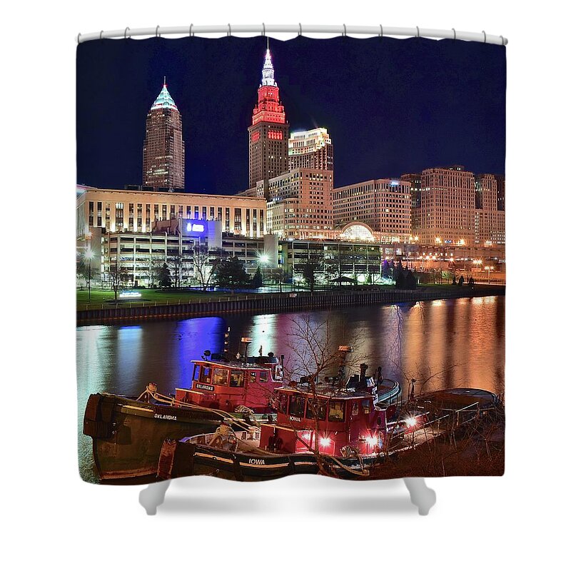 Cleveland Shower Curtain featuring the photograph Cleveland and Tug Boats by Frozen in Time Fine Art Photography