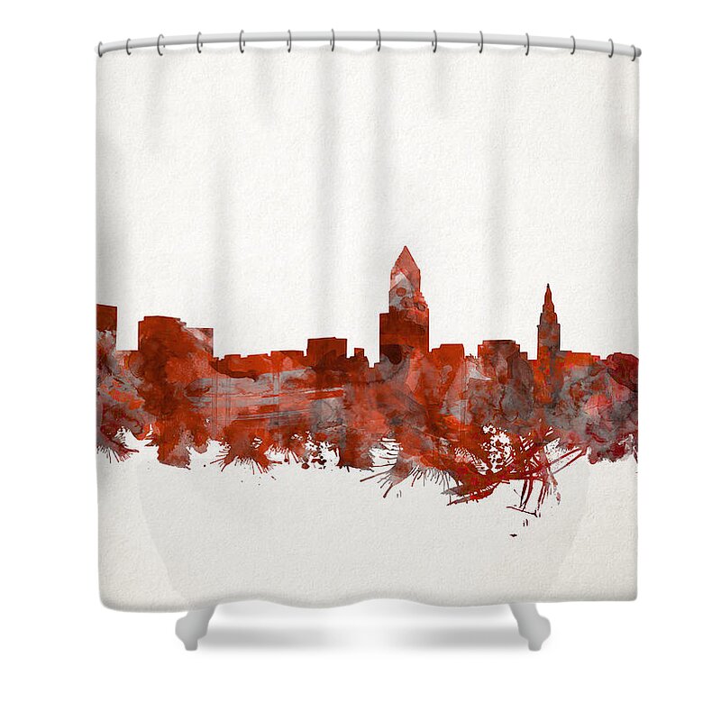 Cleveland Skyline Shower Curtain featuring the painting Cleveland Skyline Watercolor Red by Bekim M