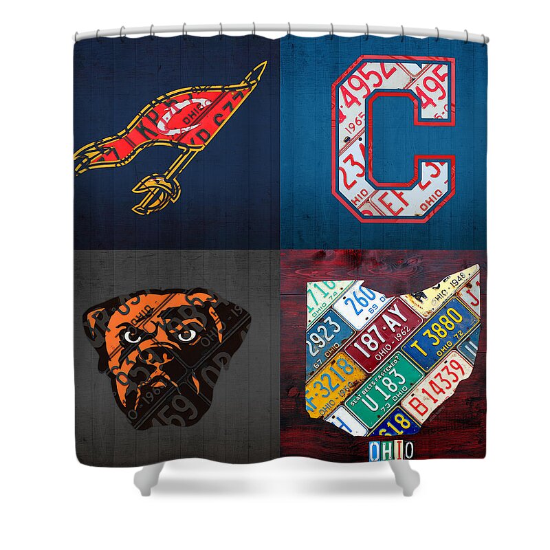 Cleveland Shower Curtain featuring the mixed media Cleveland Sports Fan Recycled Vintage Ohio License Plate Art Cavaliers Indians Browns and State Map by Design Turnpike