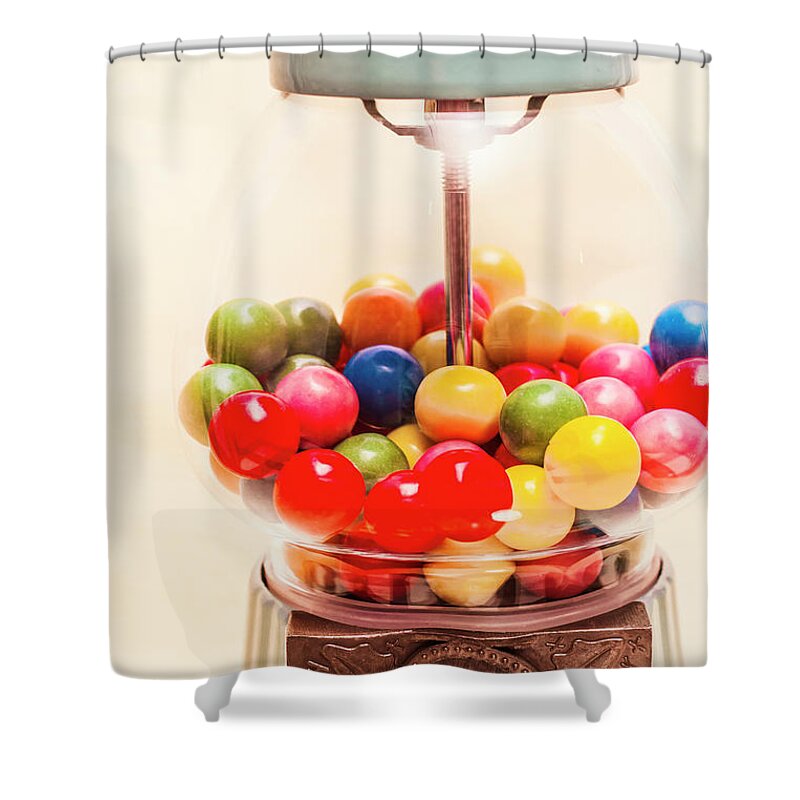 Lollies Shower Curtain featuring the photograph Closeup Of Colorful Gumballs In Candy Dispenser by Jorgo Photography