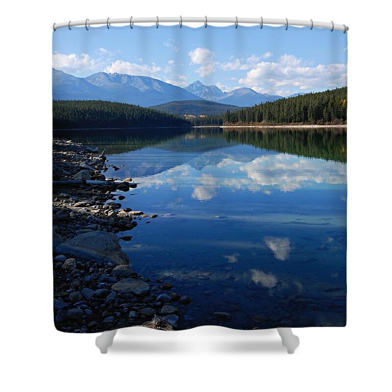 Patricia Lake Shower Curtain featuring the photograph Cloud Reflections in Patricia Lake by Larry Ricker