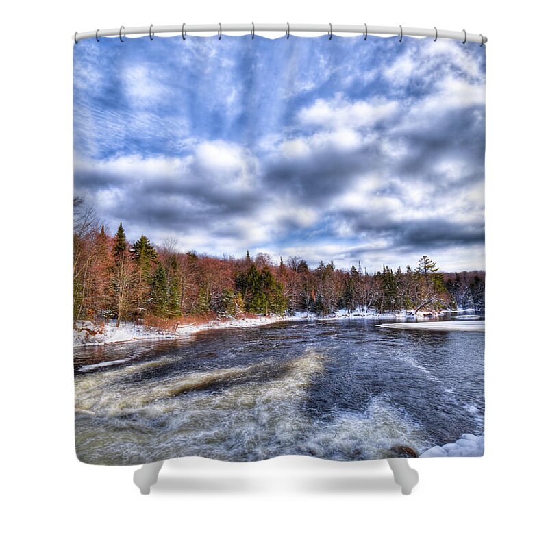 Landscapes Shower Curtain featuring the photograph Clouds above the Lock and Dam by David Patterson