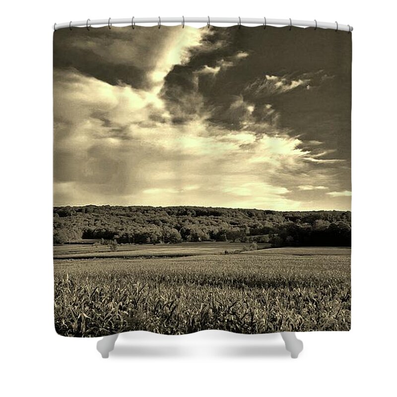 Farm Shower Curtain featuring the photograph Clouds and Cornfields by Dani McEvoy