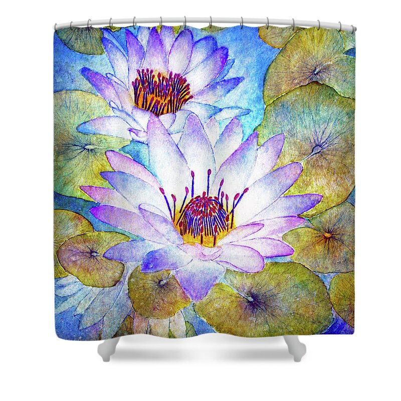 Cloudy Lily Shower Curtain featuring the painting Cloudy Blue Lilies by Janet Immordino