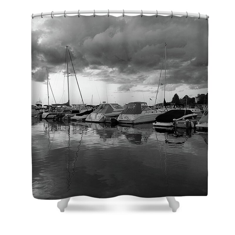 Cloudy Shower Curtain featuring the photograph Cloudy Marina Perspective B W by David T Wilkinson