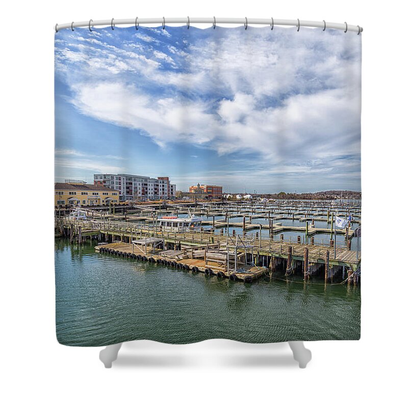 Cloudy Sky Over Hingham Shipyard Shower Curtain featuring the photograph Cloudy Sky Over Hingham Shipyard by Brian MacLean