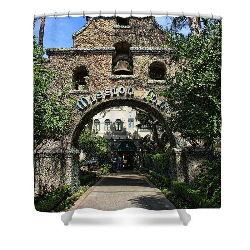 Mission Inn Shower Curtain featuring the photograph Coach Entrance by Tommy Anderson