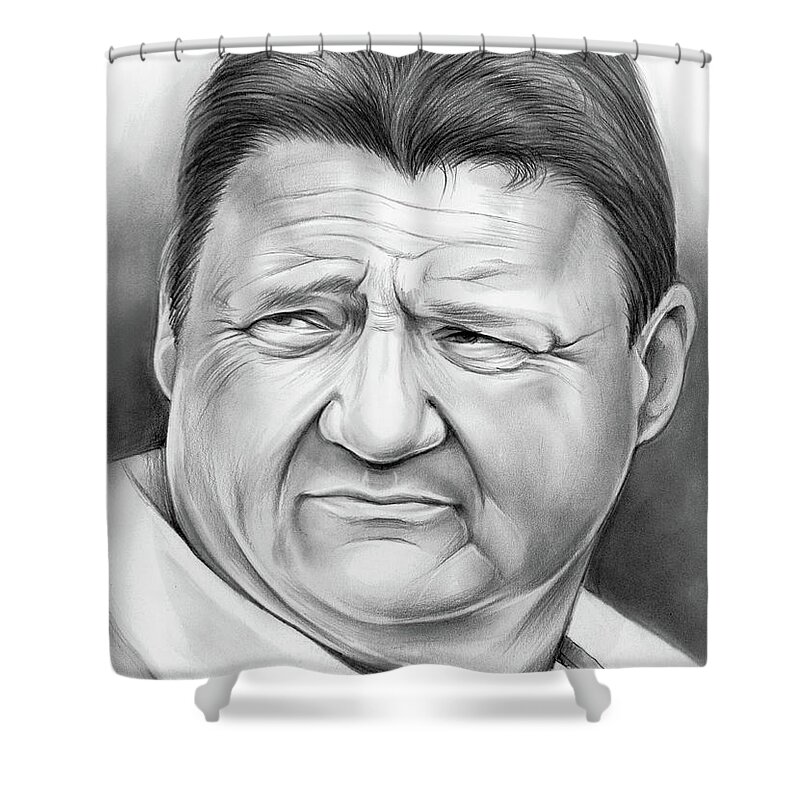 Lsu Shower Curtain featuring the drawing Coach Orgeron by Greg Joens