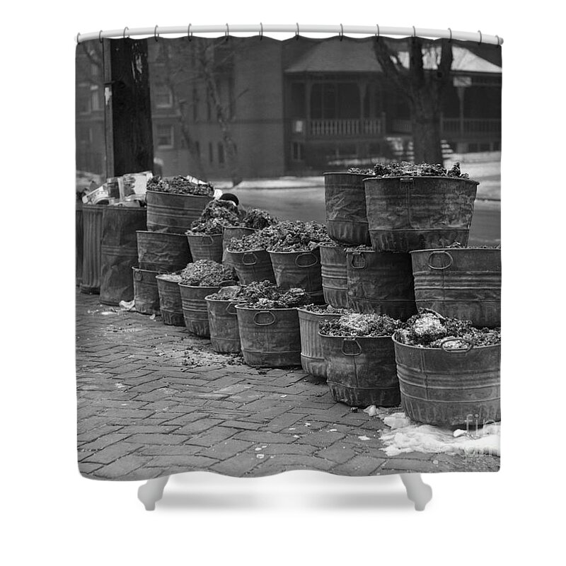 1920s Shower Curtain featuring the photograph Coal Furnace Ash Cans On Sidewalk by H. Armstrong Roberts/ClassicStock