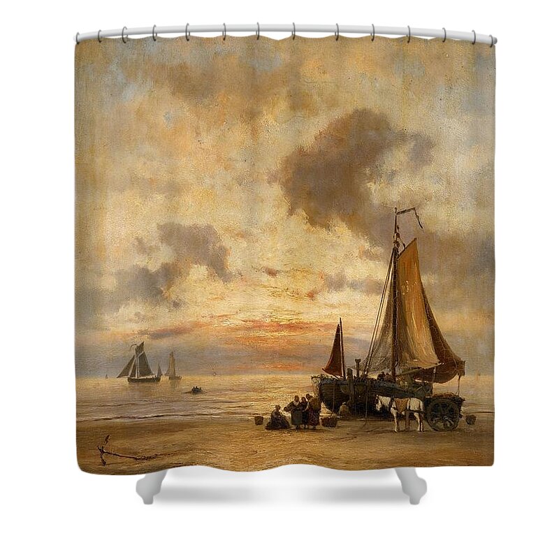 Johannes Herman Barend Koekkoek Shower Curtain featuring the painting Coastal Landscape at Evening by MotionAge Designs
