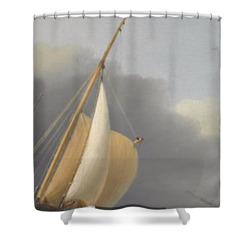 Dominic Serres (british 1722-1793) Coastal Shipping In Rough Seas Shower Curtain featuring the painting Coastal shipping in rough seas by MotionAge Designs