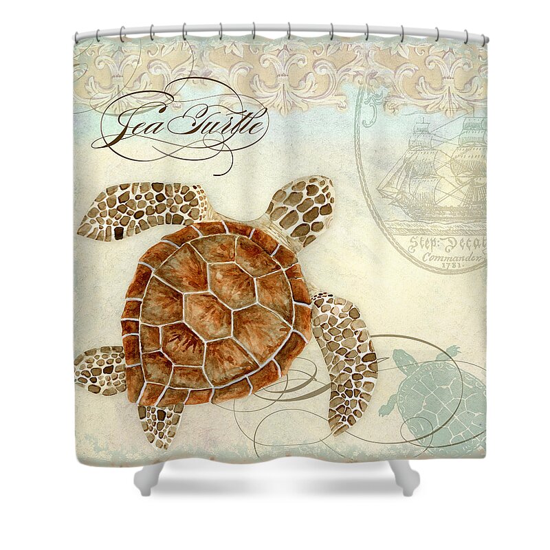 Watercolor Shower Curtain featuring the painting Coastal Waterways - Green Sea Turtle 2 by Audrey Jeanne Roberts