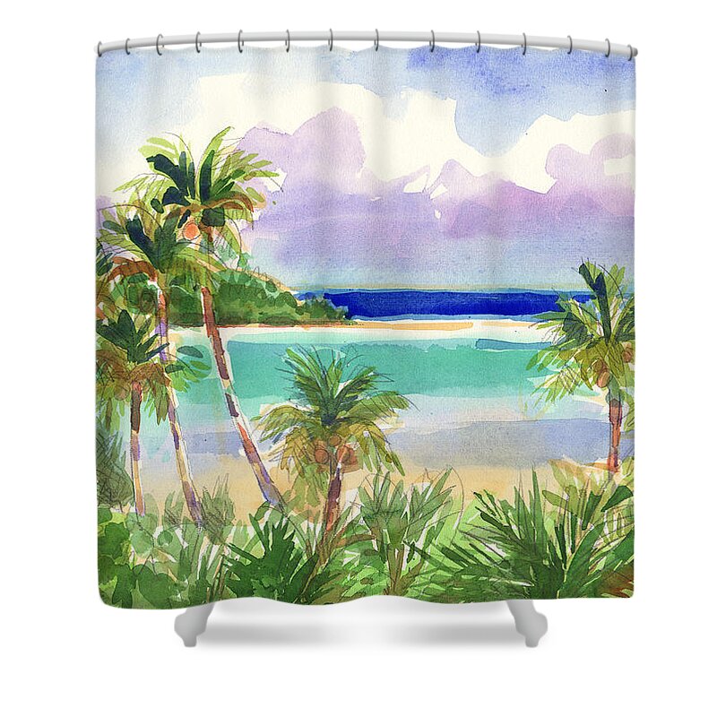Cook Islands Shower Curtain featuring the painting Coconut Palms and Lagoon, Aitutaki by Judith Kunzle