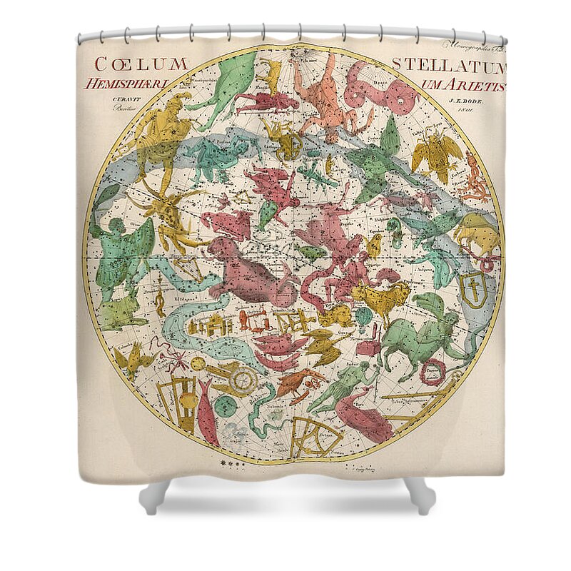 Celestial Chart Shower Curtain featuring the drawing Coelum Stellatum - Map of the Sky - The Heavens - Constellations - Celestial Chart - Astronomy by Studio Grafiikka
