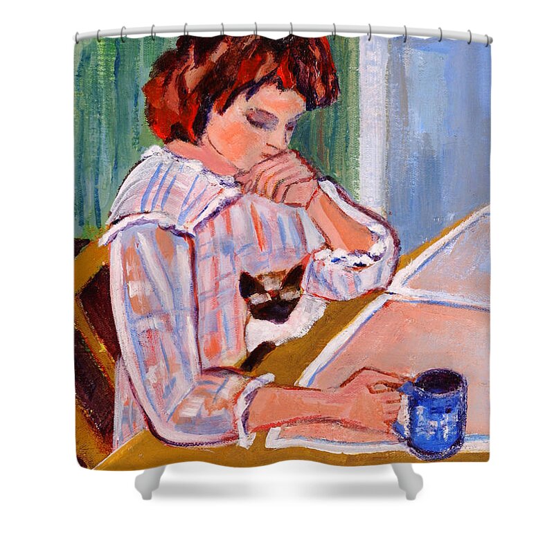 Reading The Newspaper Shower Curtain featuring the painting Coffee and Cat by Betty Pieper