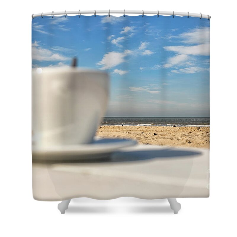 Adventure Shower Curtain featuring the photograph Coffee at the beach by Patricia Hofmeester