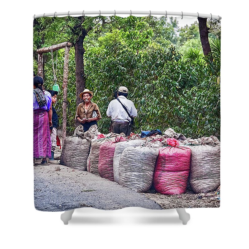 Guatemala Shower Curtain featuring the photograph Coffee pickers in Guatemala by Tatiana Travelways