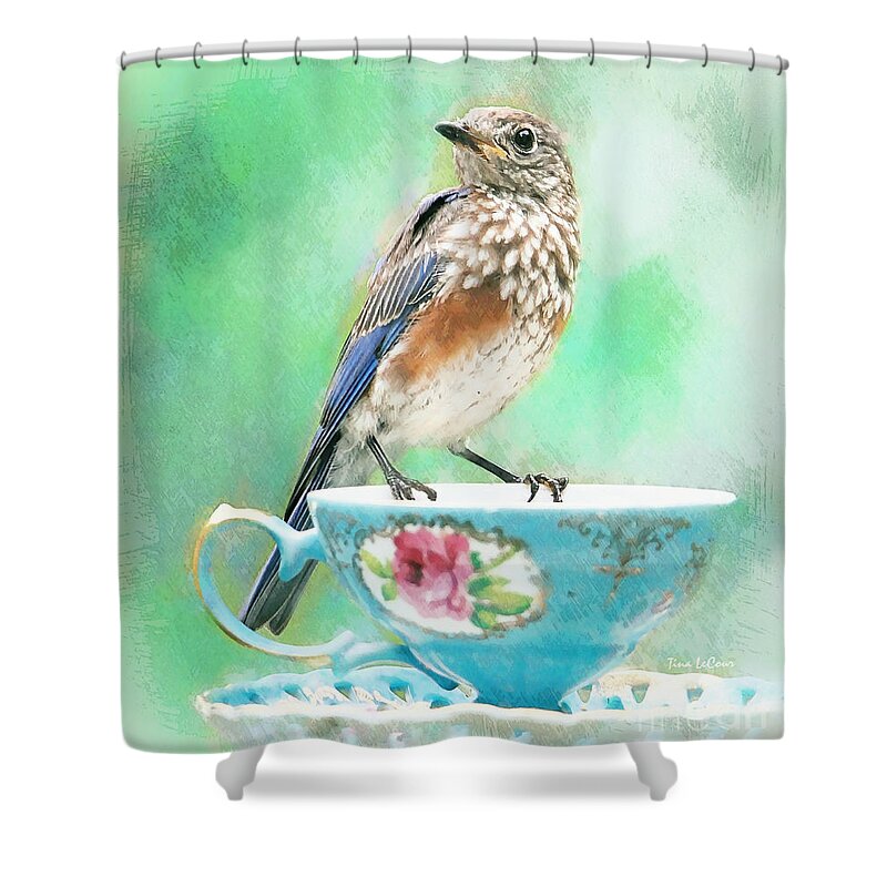 Bluebird Shower Curtain featuring the painting Coffee Tea Or Me by Tina LeCour