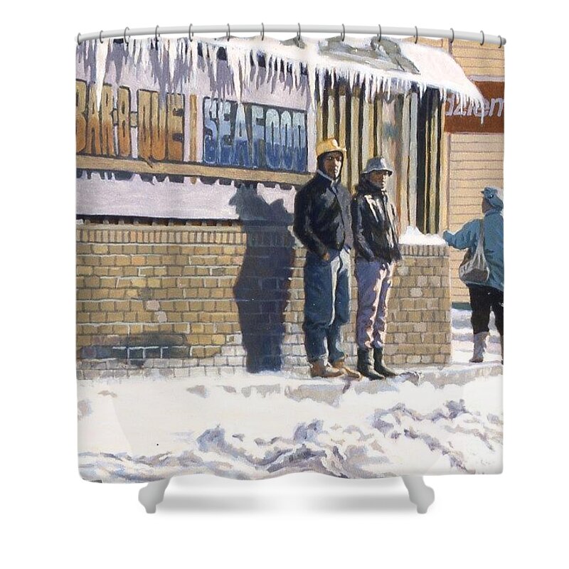 A Trip In The Inner City Series Shower Curtain featuring the painting Coldest Days by David Buttram