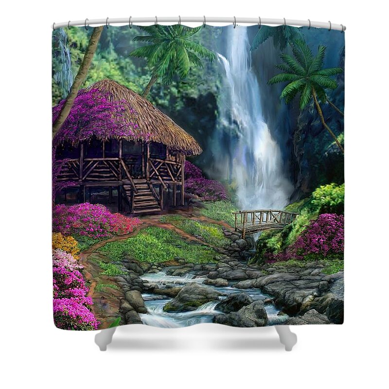 Hawaiian Art Shower Curtain featuring the painting Coleman Paradise Falls Single Panel by Stephen Jorgensen