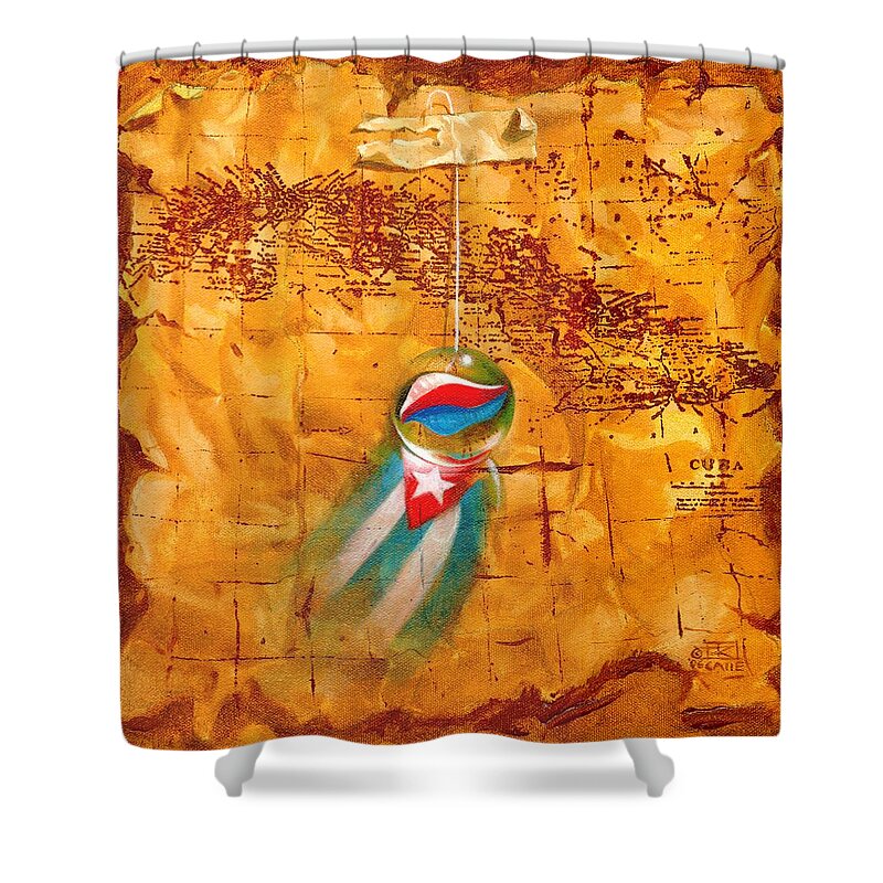 Marble Hanging By A String Shower Curtain featuring the painting Colgando En Un Hilito by Roger Calle
