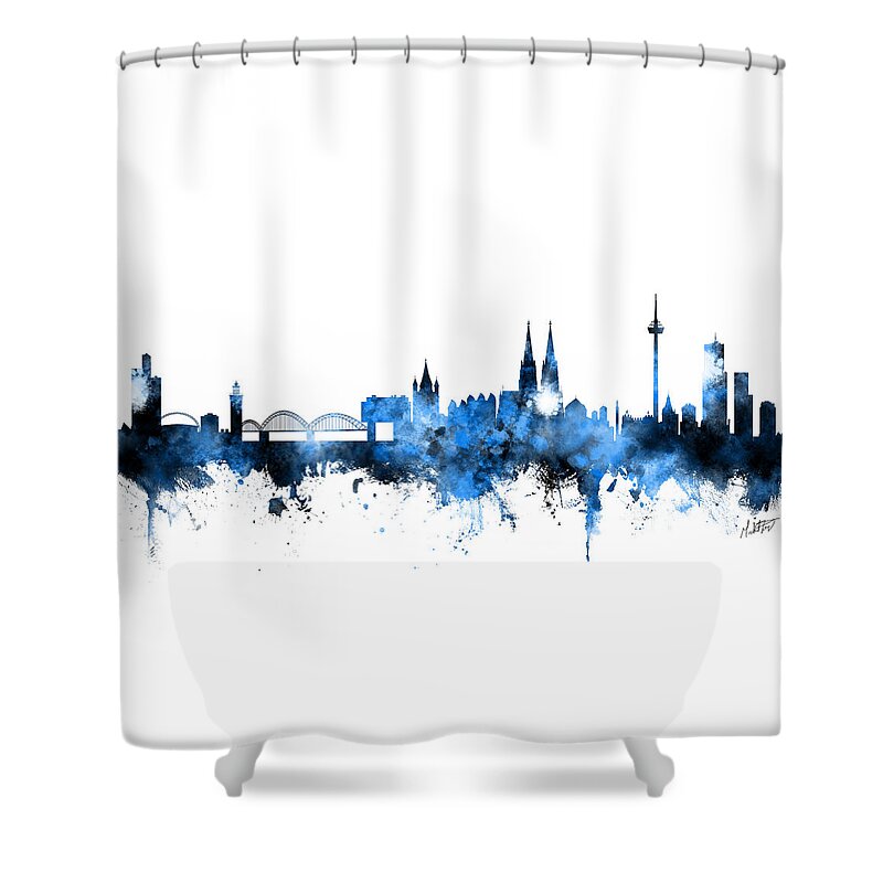 Cologne Shower Curtain featuring the digital art Cologne Germany Skyline Blue Signed by Michael Tompsett