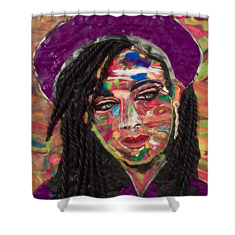 Portrait Shower Curtain featuring the mixed media Color Chameleon by Deborah Stanley