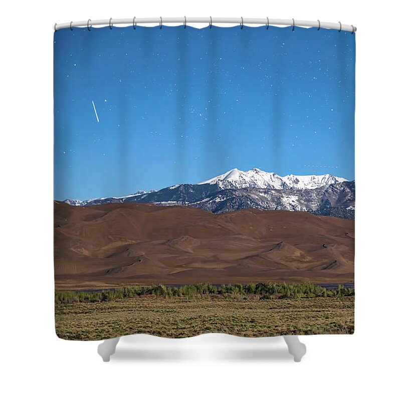 Sand Dunes Shower Curtain featuring the photograph Colorado Great Sand Dunes with Falling Star by James BO Insogna