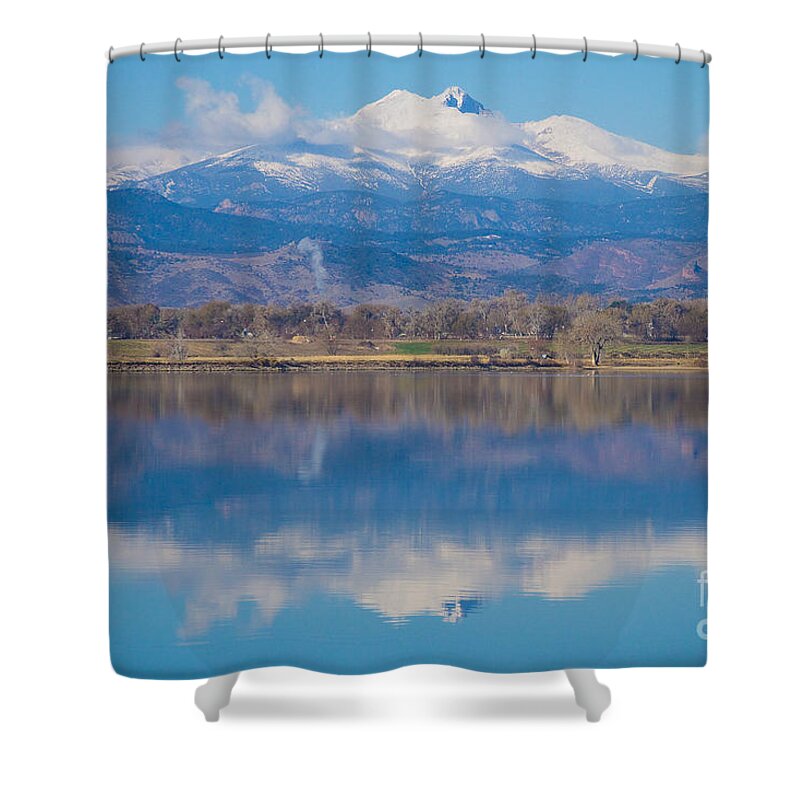'longs Peak' Longs Peak Co' Shower Curtain featuring the photograph Colorado Longs Peak Circling Clouds Reflection by James BO Insogna
