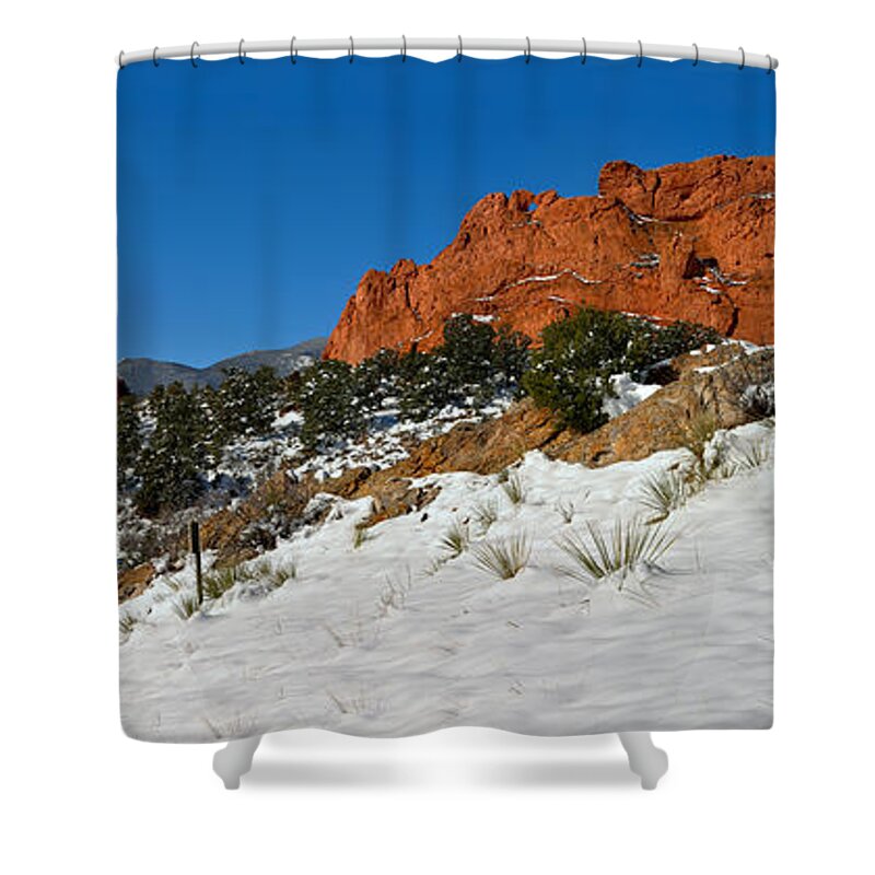 Garden Of The Cogs Shower Curtain featuring the photograph Colorado Winter Red Rock Garden by Adam Jewell