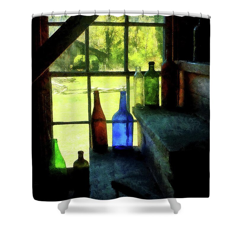 Bottles Shower Curtain featuring the photograph Colored Bottles On Steps by Susan Savad
