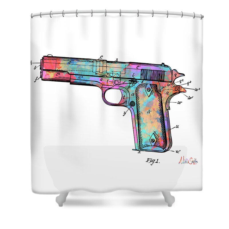 Colt 45 Shower Curtain featuring the digital art Colorful 1911 Colt 45 Browning Firearm Patent Minimal by Nikki Marie Smith