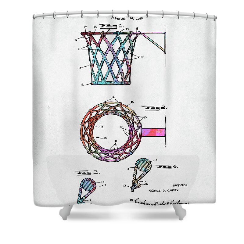 Basketball Shower Curtain featuring the digital art Colorful 1951 Basketball Net Patent Artwork by Nikki Marie Smith