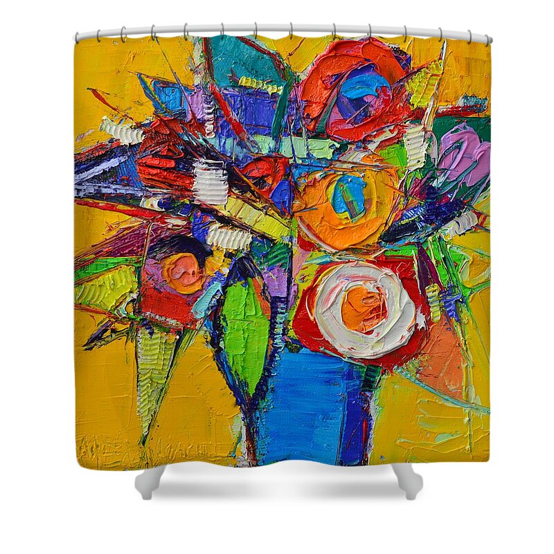 Abstract Shower Curtain featuring the painting COLORFUL ABSTRACT FLORAL GEOMETRY expressionism impasto knife oil painting by Ana Maria Edulescu  by Ana Maria Edulescu
