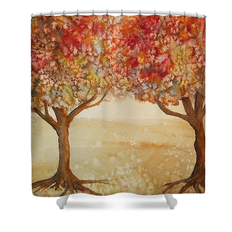 Autumn Trees Shower Curtain featuring the painting Colorful Autumn Twin Trees by Kerri Ligatich