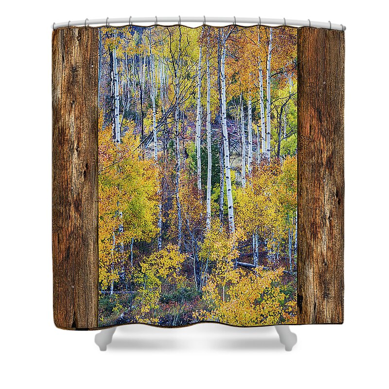 Windows Shower Curtain featuring the photograph Colorful Auumn Forest Rustic Cabin Window Portrait View by James BO Insogna