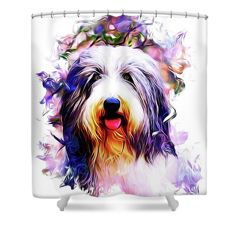 Bearded Collie Shower Curtain featuring the digital art Colorful Bearded Collie by Kathy Kelly