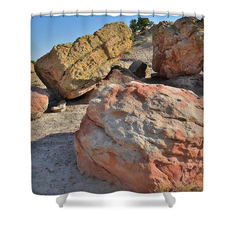Grand Junction Shower Curtain featuring the photograph Colorful Boulders in the Bentonite Site on Little Park Road by Ray Mathis